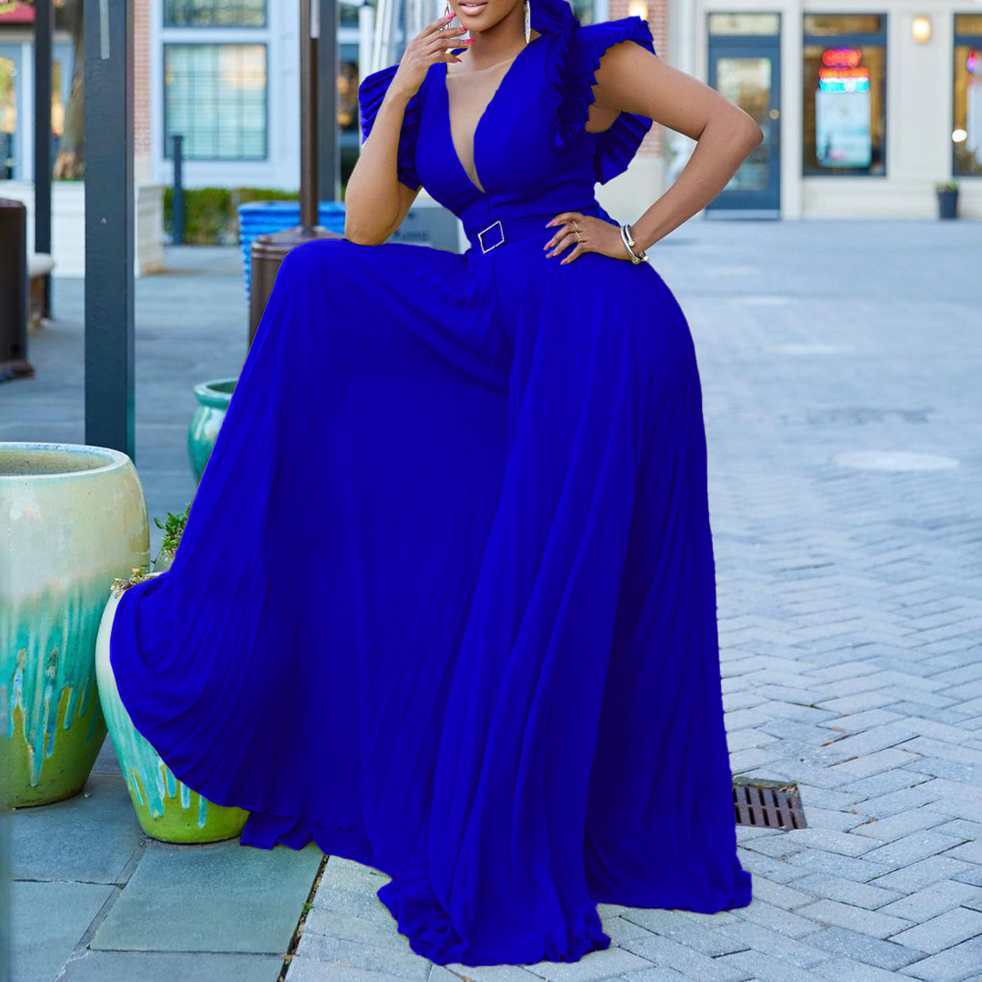 Women's Clothing sexy deep V pleated wide leg large size jumpsuit_voghion.com