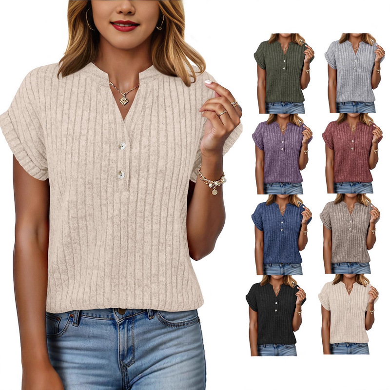 2026 Summer European and American Amazon Cross-Border Export Casual Brushed Pit V-Neck Bat Short-Sleeved T-Shirt Polo Shirt