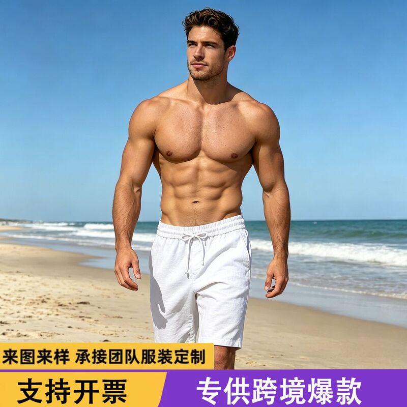 Amazon Cross-Border Trade Simple Basic Cotton and Linen Solid Color Five-Point Pants Lightweight Breathable Men's Casual Five-Point Pants
