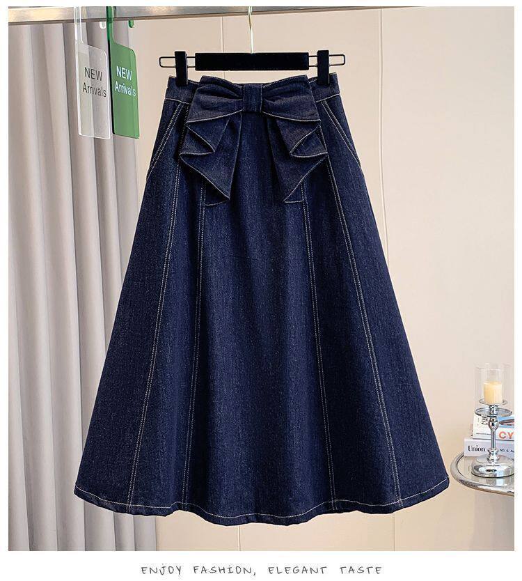 Chân váy denim dáng chữ A cạp cao có nơ, dáng midi che khuyết điểm tôn dáng — Màu xanh dương chi tiết 11