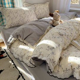 ins碎花全棉花边四件套A类亲肤公主风韩版纯棉被套床单笠三件套4