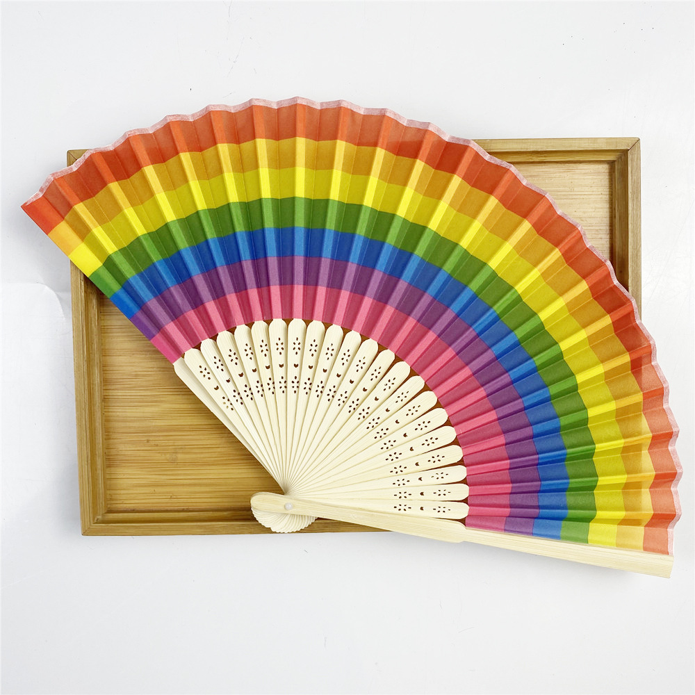En stock ventilador plegable del arco iris Arco Iris ventilador de boda Arco Iris patrón ventilador de plástico Arco Iris ventilador de Bambú