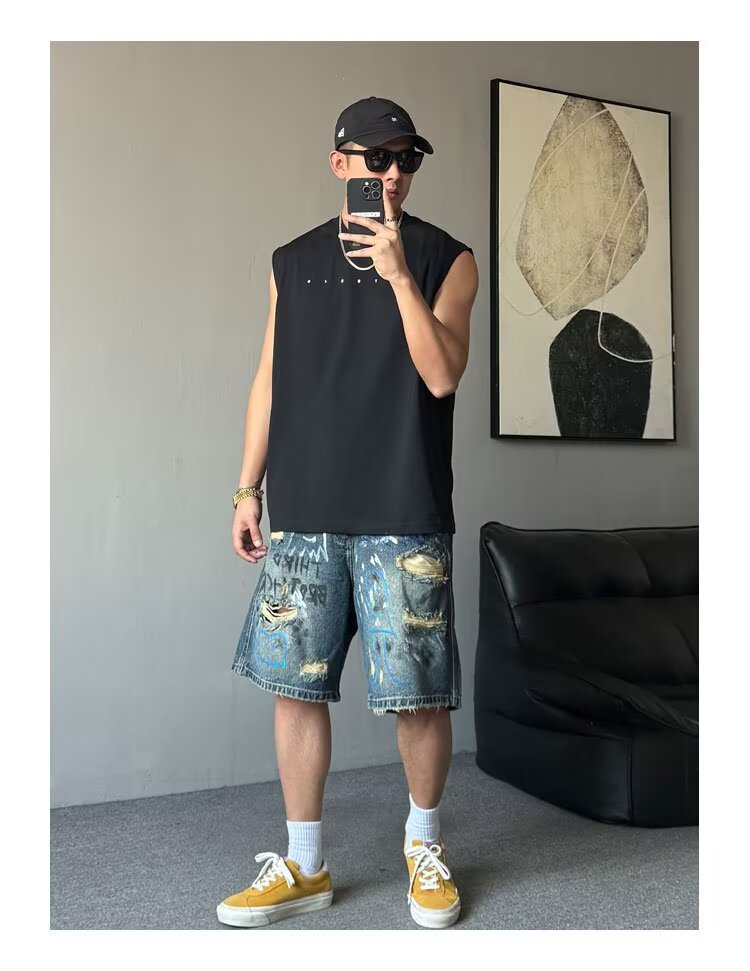 Hand Painted Graffiti Print Ripped Denim Shorts American Style High Waist Loose Fit Five Point Summer Fashion Kpop Casual Jeans_viptrois.com