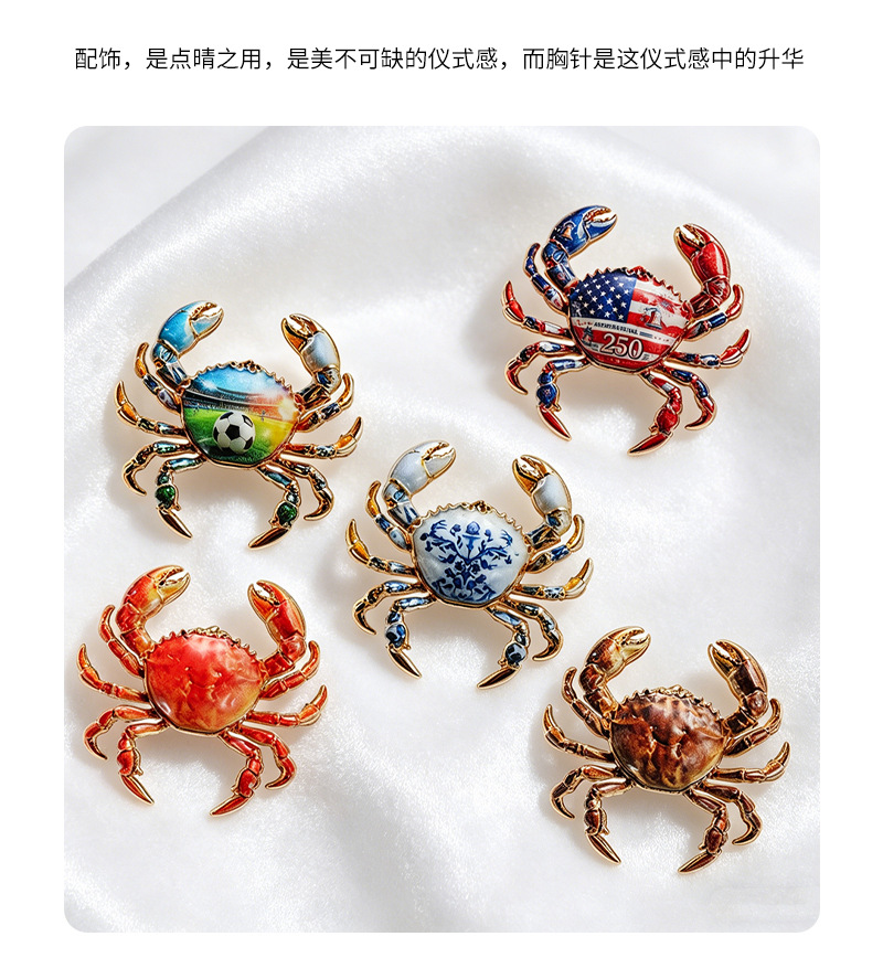 Eco-friendly crab brooch, 5 enamel pins, football, stars and stripes, blue and white porcelain themed accessories