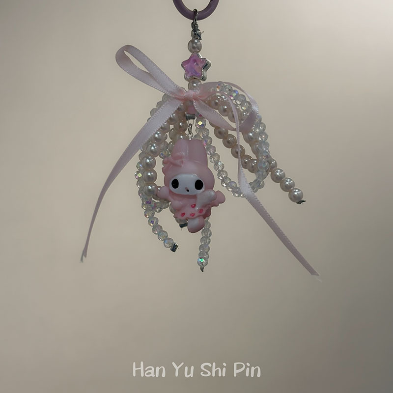 Korean New Sweet Handmade Beaded Melody Kuromi Mobile Phone Pendant Fashionable Girly Heart Bow Buckle