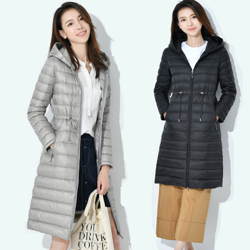 Pinghu autumn and winter new lightweight extended down jacket women over the knee Korean style hooded waist drawstring slim jacket