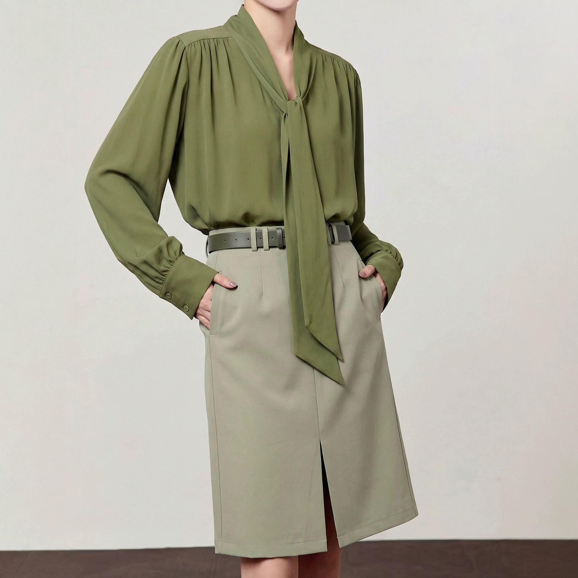 2026 Autumn New Korean Style Loose Long-Sleeved V-Neck Chiffon Blouse with Flowing Ribbon for Women