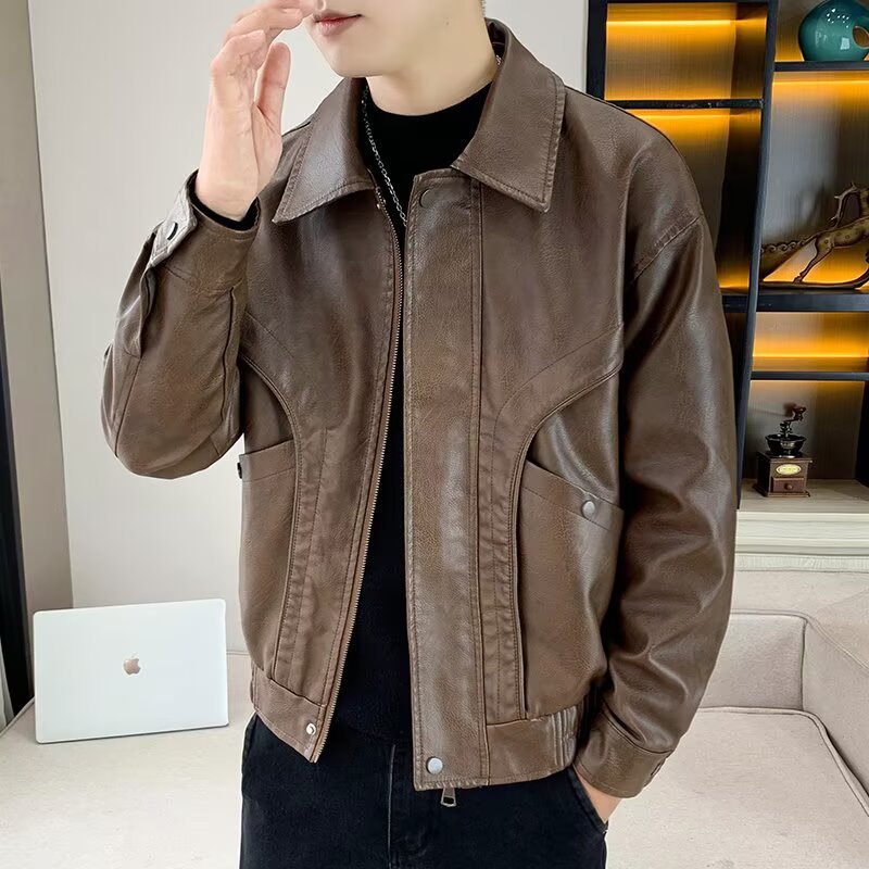 Cross-border American retro leather jacket for men, autumn motorcycle wear, vintage Merard trendy loose jacket