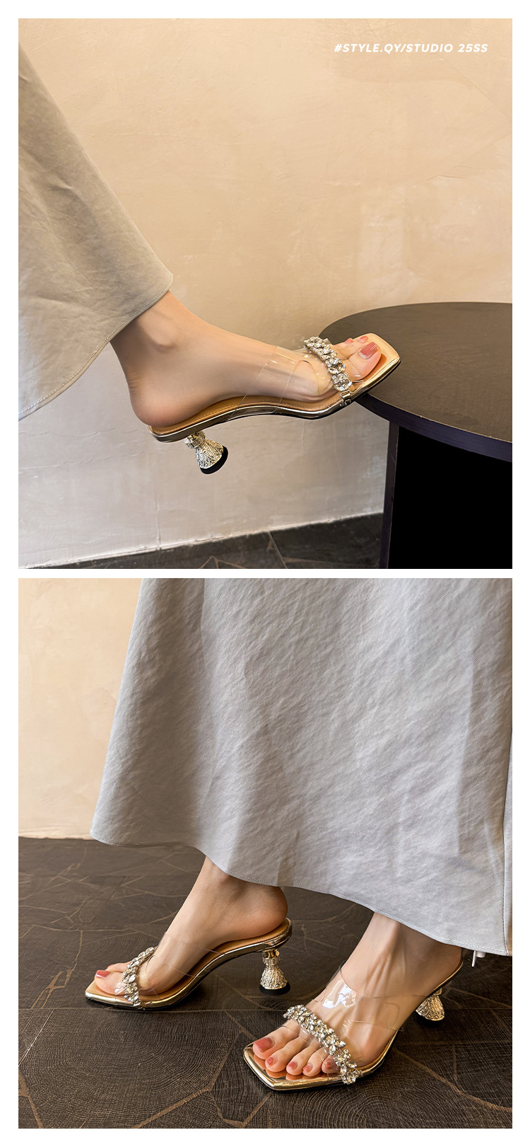 Sandal cao gót nữ mũi vuông PVC trong suốt đính đá gót thấp — màu vàng, bạc chi tiết 9