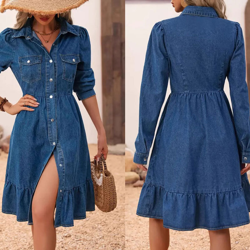 Blue Fashionable Denim Dress for Women 2026 Summer New Style High-End Age-Reducing Waist-Cinching Shirt Over-The-Knee Long Skirt Blue Fashionable Denim Dress for Women 2026 Summer New Style High-End Age-Reducing Waist-Cinching Shirt Over-The-Knee Long Skirt