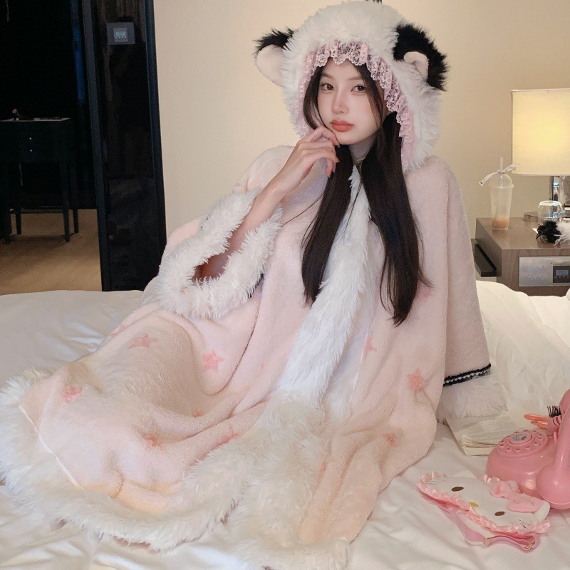 2025 New Cat Hooded Coral Velvet Pajamas Women's Autumn and Winter Velvet Thickened Flannel Pajamas Outerwear Home Clothes