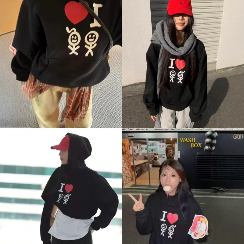 Autumn Korean hot item~26FW matchstick man heart print hooded sweatshirt for women, loose and sporty, with a relaxed vibe Autumn Korean hot item~26FW matchstick man heart print hooded sweatshirt for women, loose and sporty, with a relaxed vibe