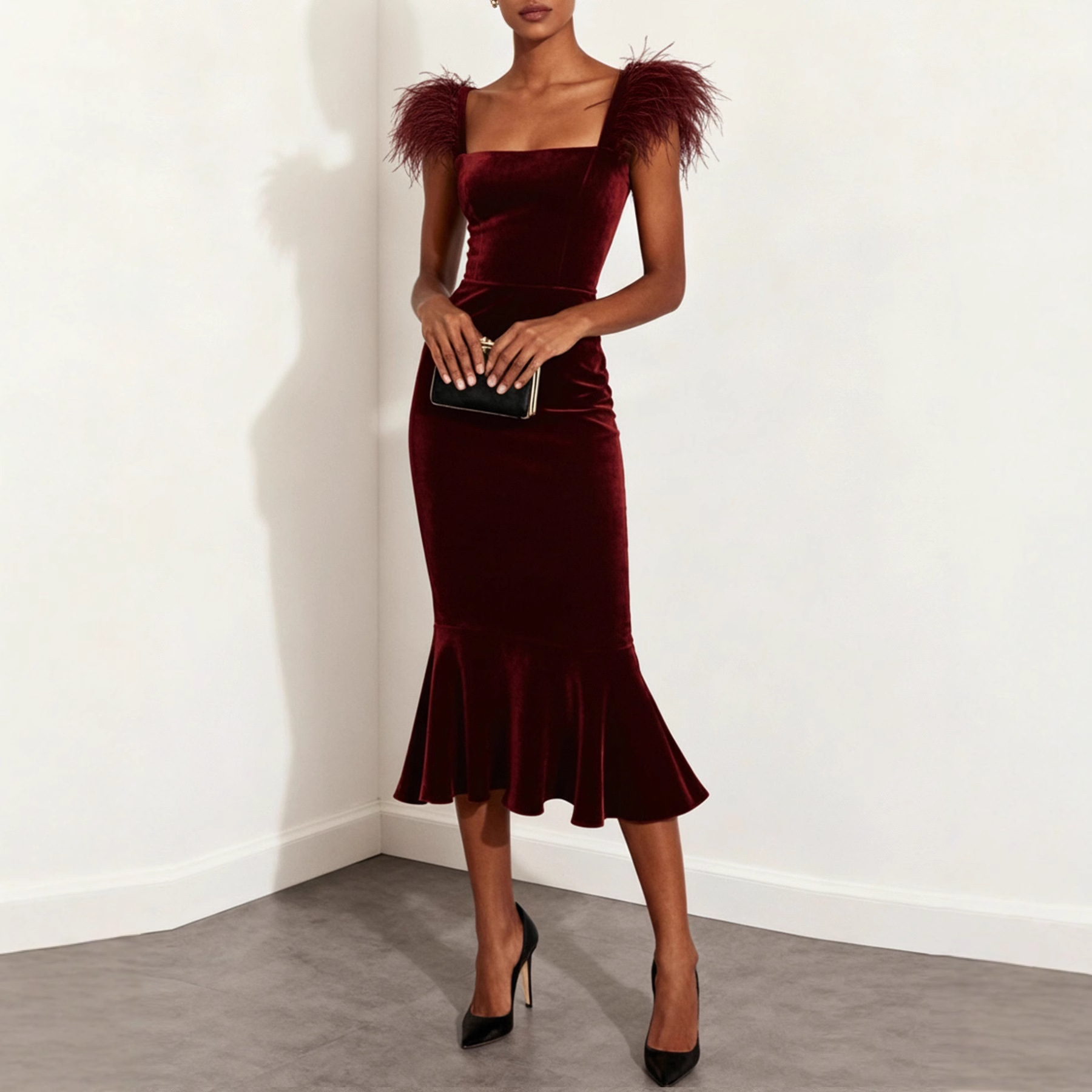 Women's Solid Color Velvet Slim Dress Fashion Square Neck Feather Shoulder Design Bodycon Mermaid Dress