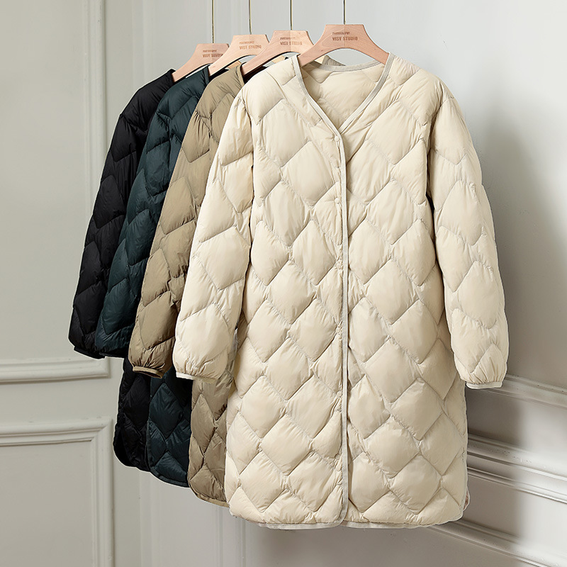 Pinghu Lightweight down Jacket for Women, Mid-Length, New Autumn and Winter Style, V-Neck, Long Korean-Style Coat, Collarless, Trendy Cross-Border