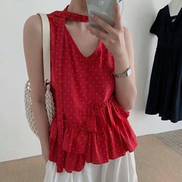 2025 Summer Polka Dot Sleeveless Vest Design Age-Reducing New Lotus Leaf Suspender Hot Girl Polka Dot V-Neck Shirt for Women