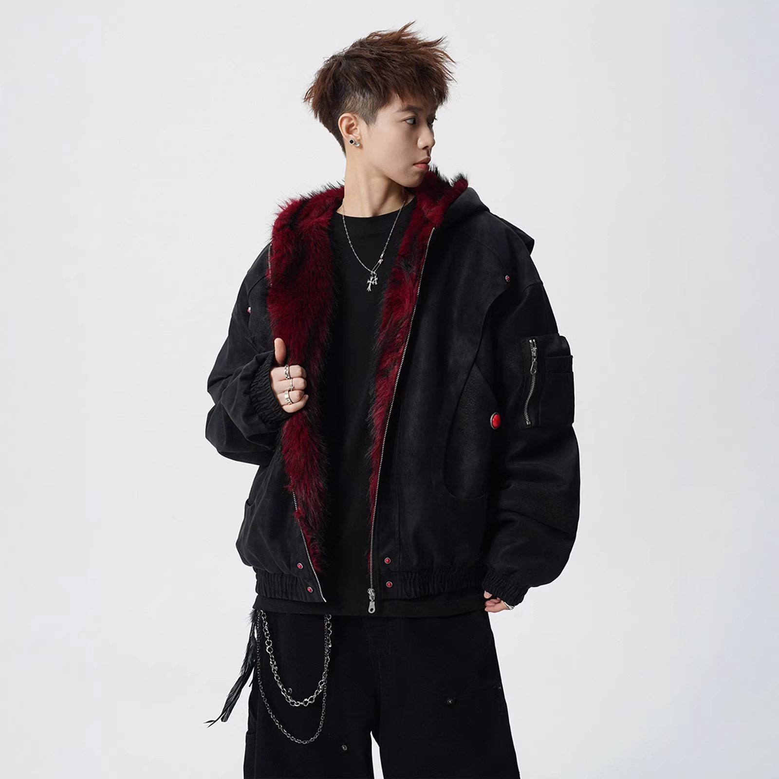 Men's winter high-street cool and stylish hooded cotton-padded jacket with fur collar, American loose-fitting warm and casual coat.