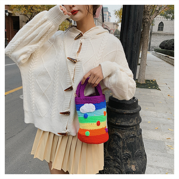 Women's Medium Plush Rainbow Stripe Cute Beading Weave Bucket Open Crossbody Bag display picture 8