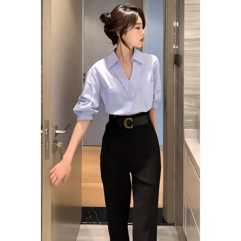 Shanli Dadi Korean Style Professional Style Commuter suit Summer Women's Clothing Formal Occasion Light Mature Blue Shirt Long Dressing