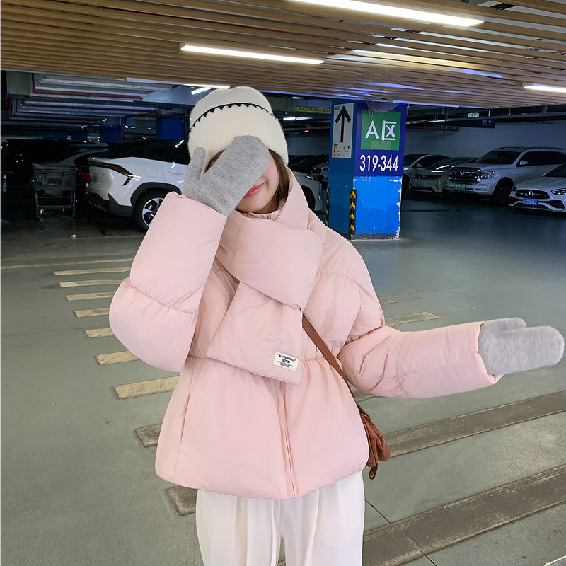 韩版慵懒风围巾款羽绒棉服女短款2025新款学院风棉衣外套面包服女|undefined
