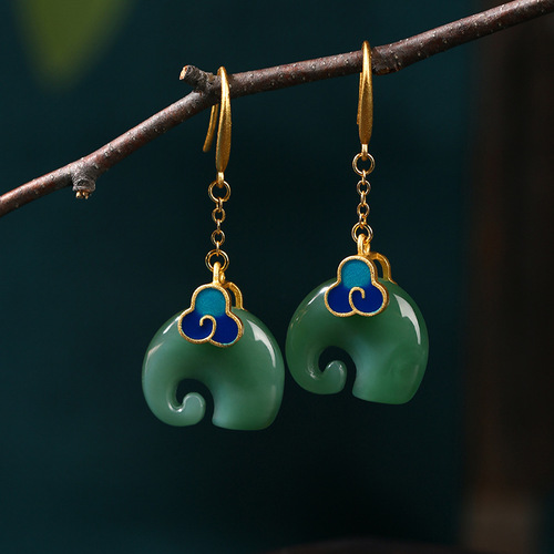 Airyuan national trend niche cold enamel 925 silver needle Xiangyun elephant imitation Hetian jade retro style earrings