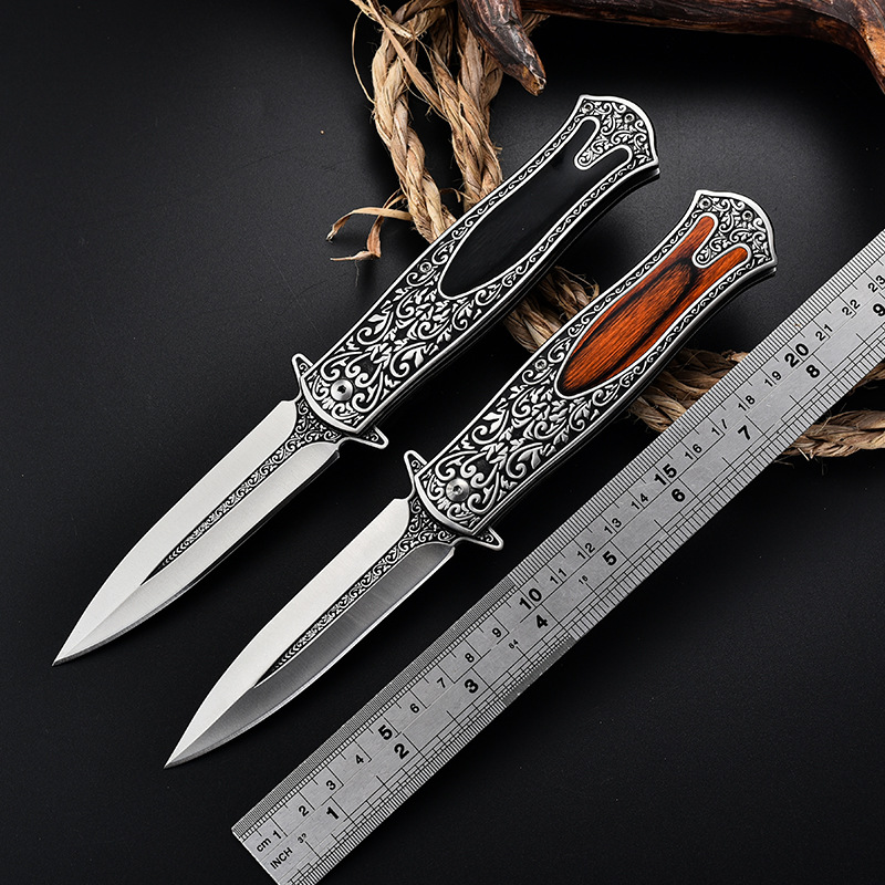 摩登跨境严选全钢扎花折叠刀高硬度锋利木柄折刀野外多用途工具刀