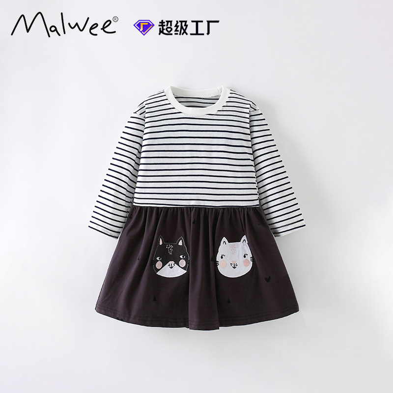 Malwee vestidos de otoño de niñas nuevos niños europeos y estadounidenses rayas de cuello redondo mangas largas falda de niña