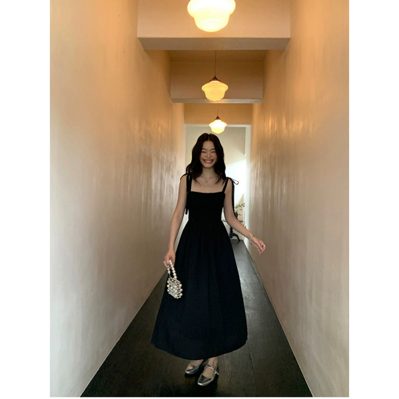 Французское черное платье без рукавов Детские летние маленькие дети Хепберн стиль тонкий, тонкий воротник, длинное платье