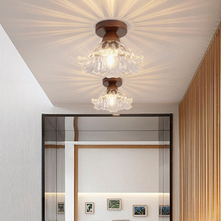 New Mid-Century Style Solid Wood Small Ceiling Lamp Simple Corridor Aisle Staircase Entrance American Retro Balcony Glass Lamp