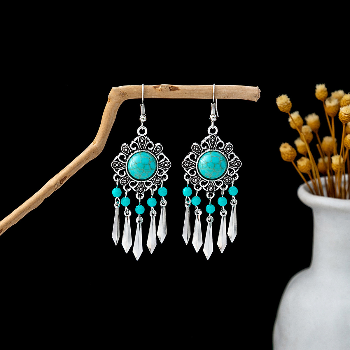 1 Pair Casual Retro Geometric Beaded Alloy Turquoise Drop Earrings display picture 12