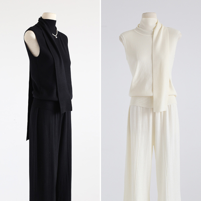 Autumn and Winter Fashionable and Intellectual Elegant High-Neck Scarf Ribbon Women's Sleeveless Vest Pure Color Pullover Top Women's Knitwear