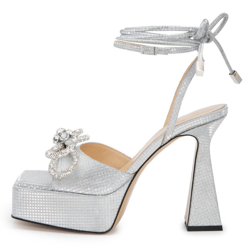 2026 Foreign Trade Square-Toe Peep-Toe Hollow Waterproof Platform Chunky Heel High-Heeled Bow Tie Strap Large Size Single Strap Sandals for Women