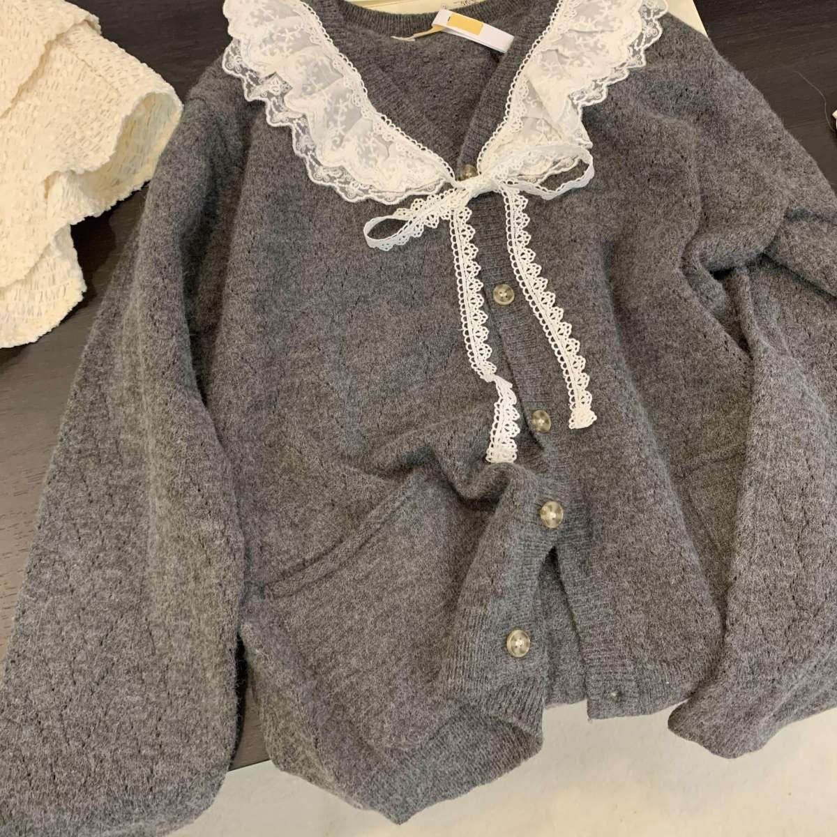 Doll Collar Sweater for Women, Spring and Autumn, Lazy Cute Sweet Lace V-Neck Knit Cardigan Jacket, Japanese Style Gentle Top