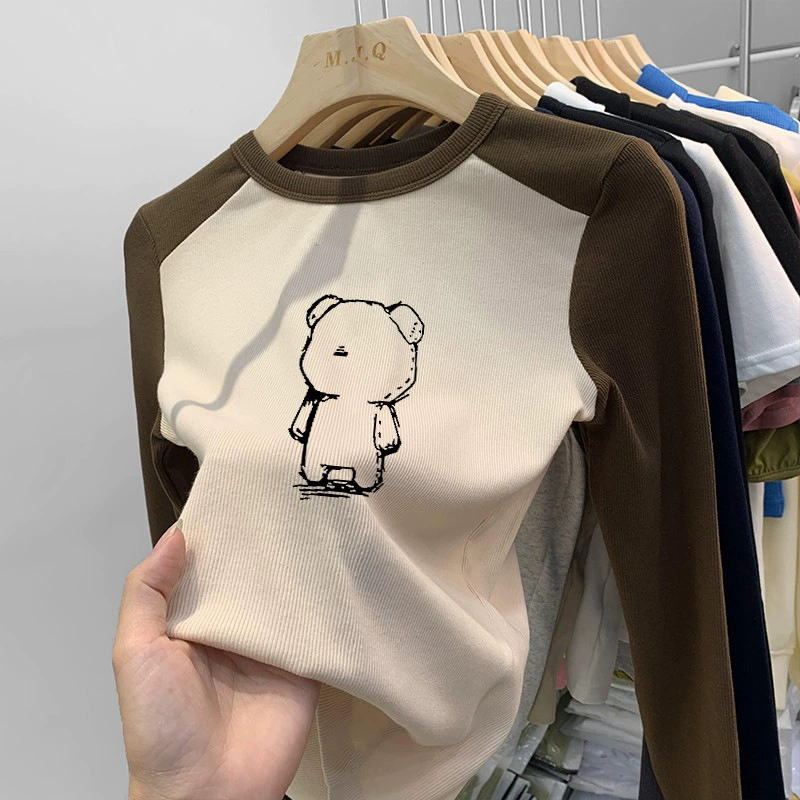 #260g Cotton девушка платье с длинными рукавами футболка 2024 новый иностранный цвет, ударный мультяшный принт, круглый воротник