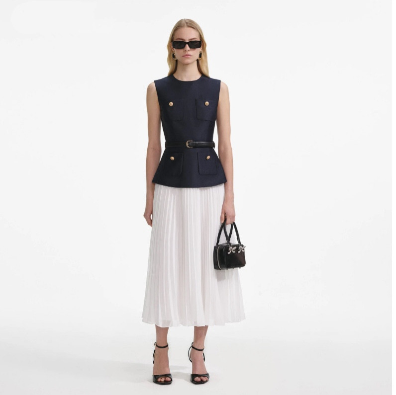 SP25早秋蓝撞白缎面小香风假两件无袖连衣裙原单无主标明星同款批