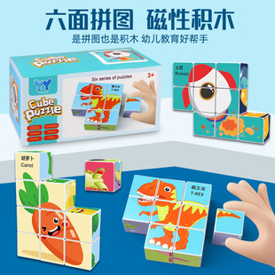 Children's changeable magnetic building blocks block puzzle six-sided painting educational animal cartoon Three-dimensional Tyrannosaurus puzzle toy
