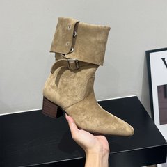 不过膝长筒靴女2025春秋新款堆堆靴中筒粗跟骑士靴褶皱西部牛仔靴
