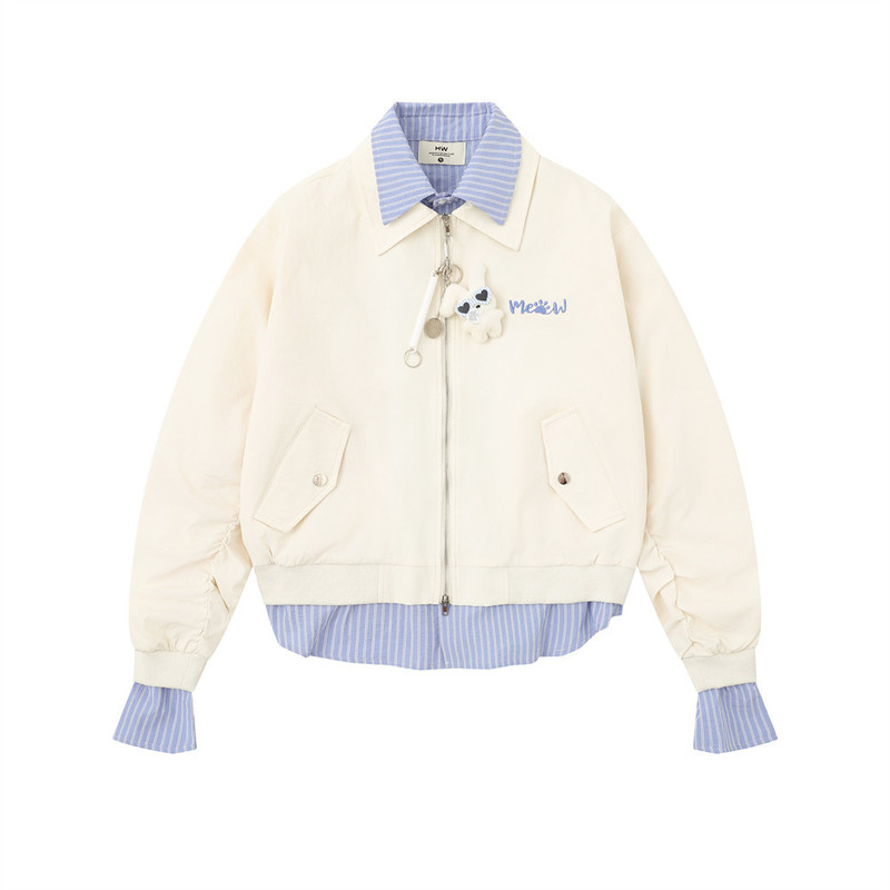 Dog Pendant Fake Two-Piece Shirt Splicing Jacket for Girls Autumn Loose Street Fashion Lapel Embroidered Bomber Jacket