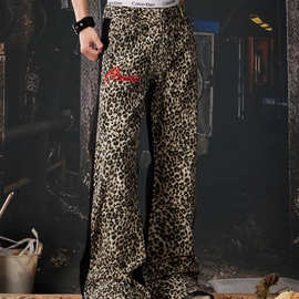 美式复古豹纹工装裤春夏季休闲弯刀裤子宽松阔腿长裤情侣潮