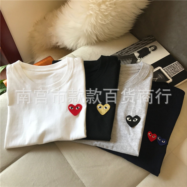 Right Shoulder Short-Sleeved T-Shirt for Men and Women, Round Neck, Summer Embroidered Heart, Trendy Brand, Pure Cotton Half-Sleeve