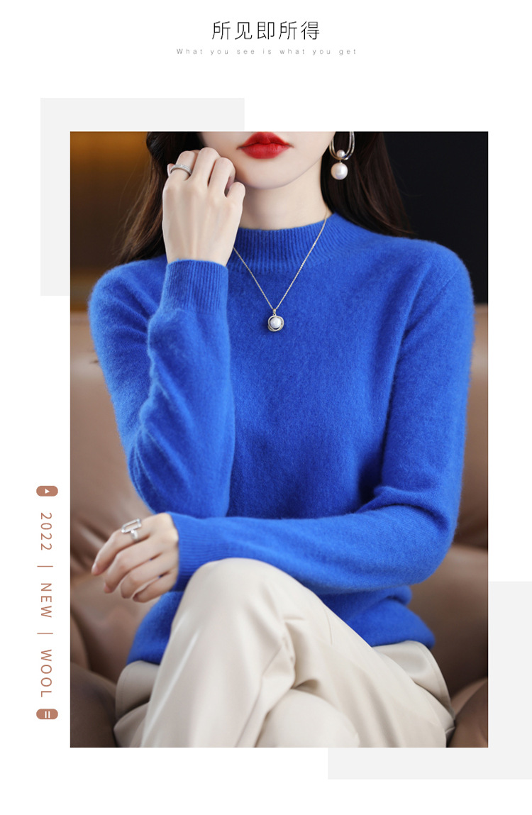 2022 Autumn and winter Cashmere sweater for women, semi-high collar, slimming, pullover, solid color 100 long-sleeved knitted base wool sweater pic 10