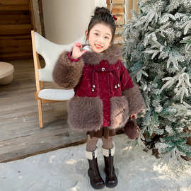 女童超好看外套秋冬2025新款儿童新年加厚红色皮草女孩拜年服冬款