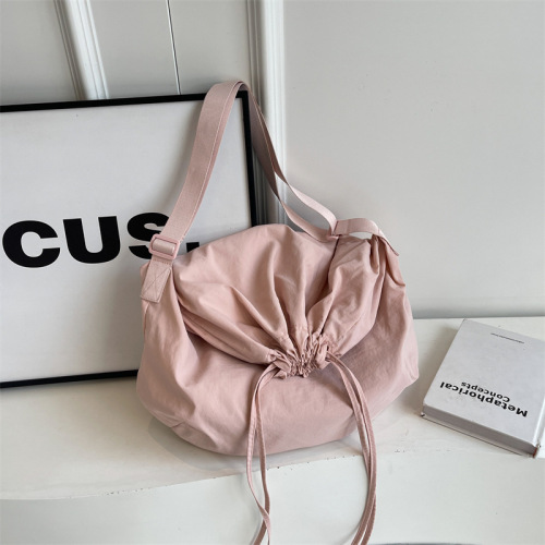 Cross-border simple tote bag for women, fashionable drawstring shoulder bag, Korean style trendy crossbody bag, solid color, versatile commuter bag