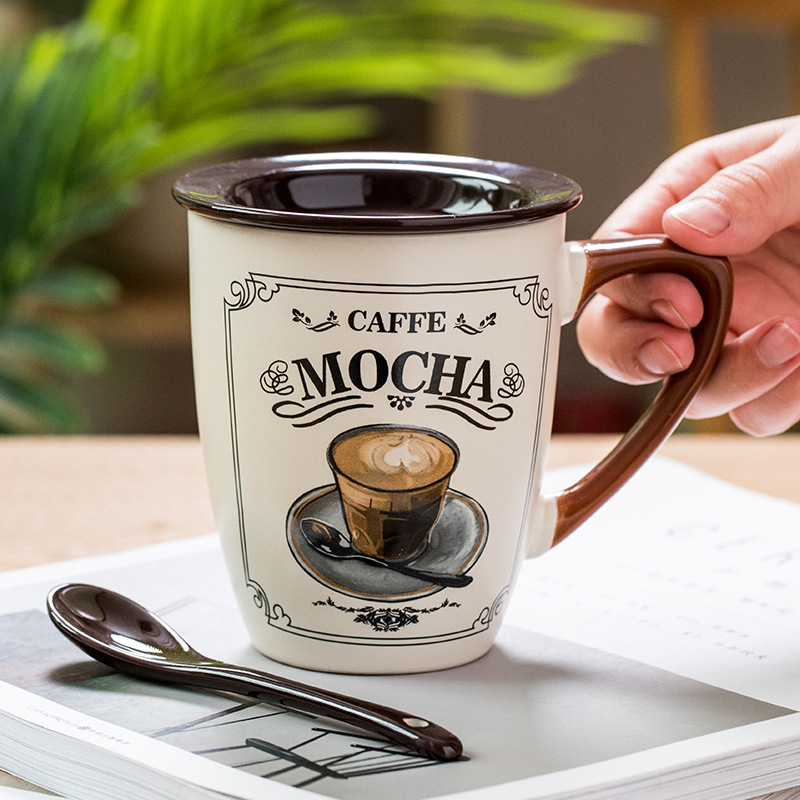 Taza de café de lujo europea transfronteriza capuchino taza de café con leche taza de cerámica vintage con tapa cuchara Amazon