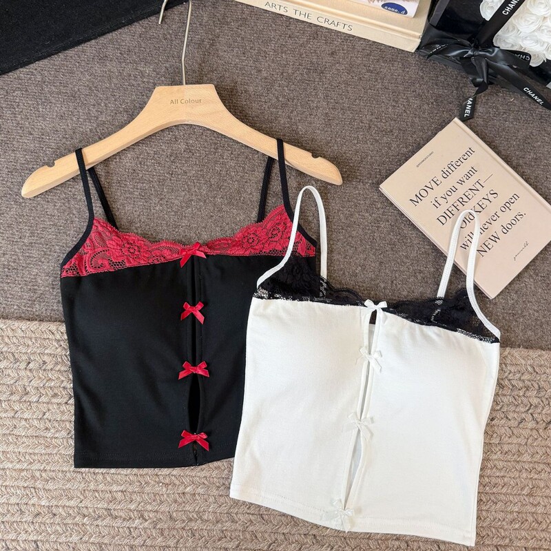 2025 Spring New Women's European and American Retro Pure Lust Style Lace Splicing Bow Decorated Twist Short Camisole 2025 Spring New Women's European and American Retro Pure Lust Style Lace Splicing Bow Decorated Twist Short Camisole