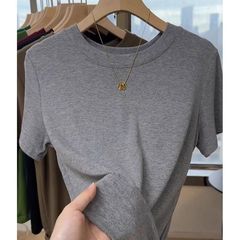 夏の起爆高級感グレー半袖tシャツ女性の半袖シャツの高級ブランドの丸襟上着