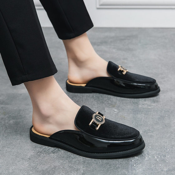 Cross-border plus size Black Baotou Slippers Men's Heel-free Leather Shoes Foreign Trade Sandals Casual Trendy Men's Shoes