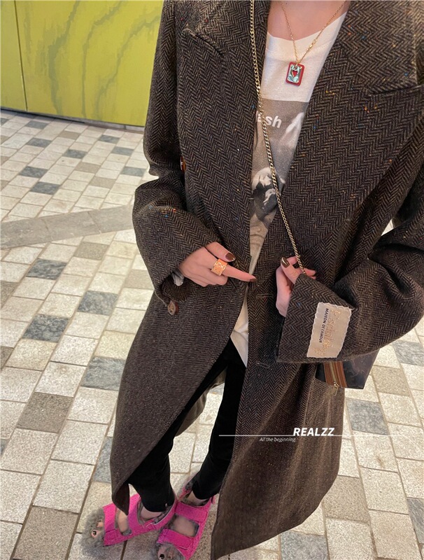 Spot/Chapter temperament open hanging show coat fabric beauty herringbone pattern colored wool coat