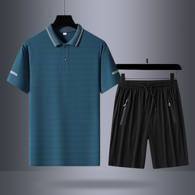 Verano hielo de manga corta pantalones cortos de dos piezas hombres camiseta de manga corta polo casual con solapa de mediana edad pantalones cortos grandes