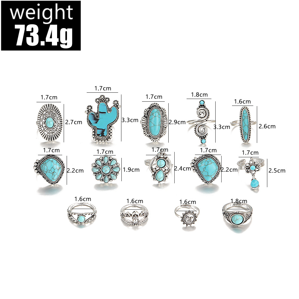 78g Weight 14 Pieces 1 Set 4 Pieces Cactus Leaf Rings Alloy December Birthstone Turquoise Turquoise Women's Hip-Hop Retro Rings