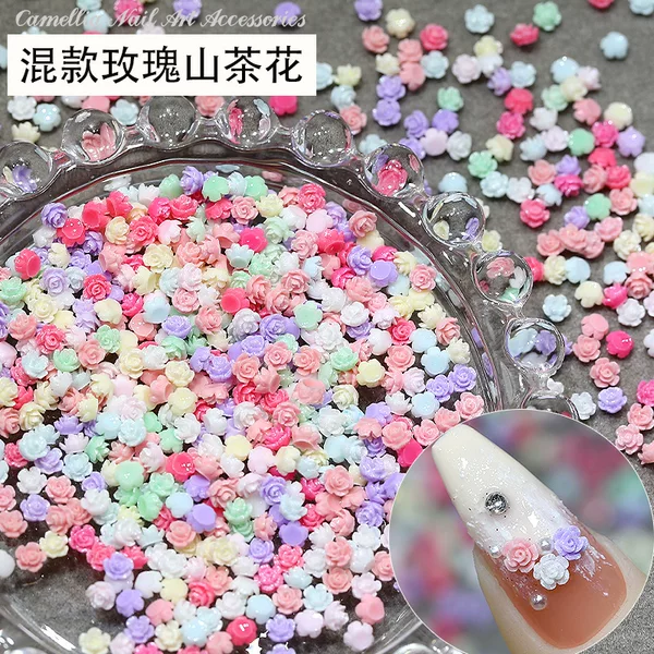 Wholesale Mini small size Camellia Nail Art Decoration Color Mix Broken Flash Rose Resin Drill Nail Jewelry